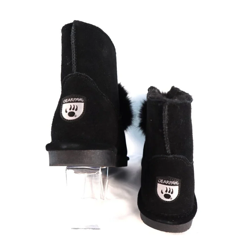 BearPaw Women's‎ Black Faux Fur Pom Pom Ankle Boots Size 9
